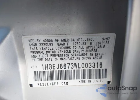 1998 Honda Civic Lx from USA, damaged, VIN 1HGEJ6673WL003316